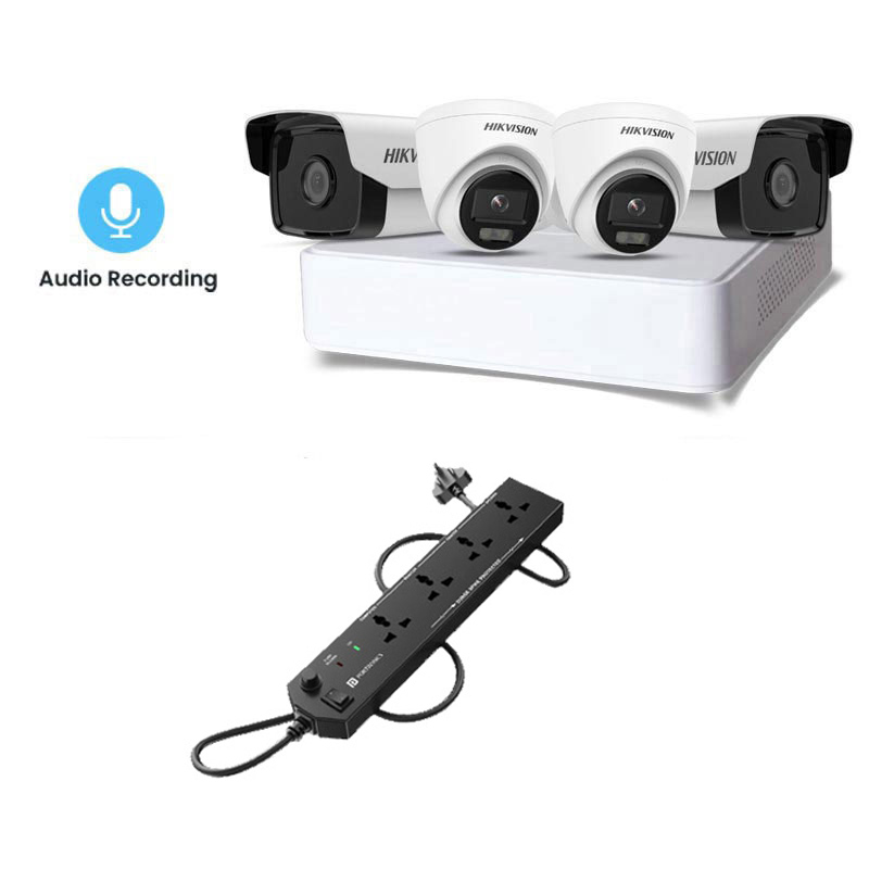Picture of Hikvision 4 CCTV Cameras Combo (2 Indoor & 2 Outdoor CCTV Cameras) (Colour's View with mic) + 4CH DVR + HDD + Accessories + Power Supply + 90m Cable + Power Strip